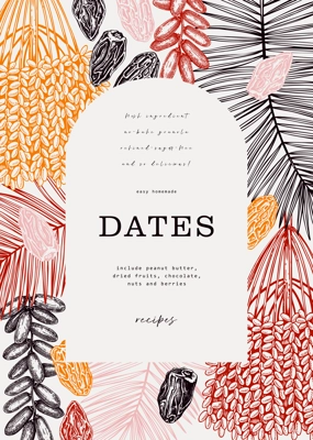 Vector card design with date palm leaves and dried fruits illustrations in color. Hand drawn vegan food ingredients sketches vector background. Arabic style frame template